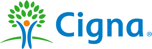 Logo of Cigna, a global health services company, featuring a stylized tree with green leaves, a blue trunk resembling a person, and an orange circle at the top, with 'Cigna' in bold blue font to the right.